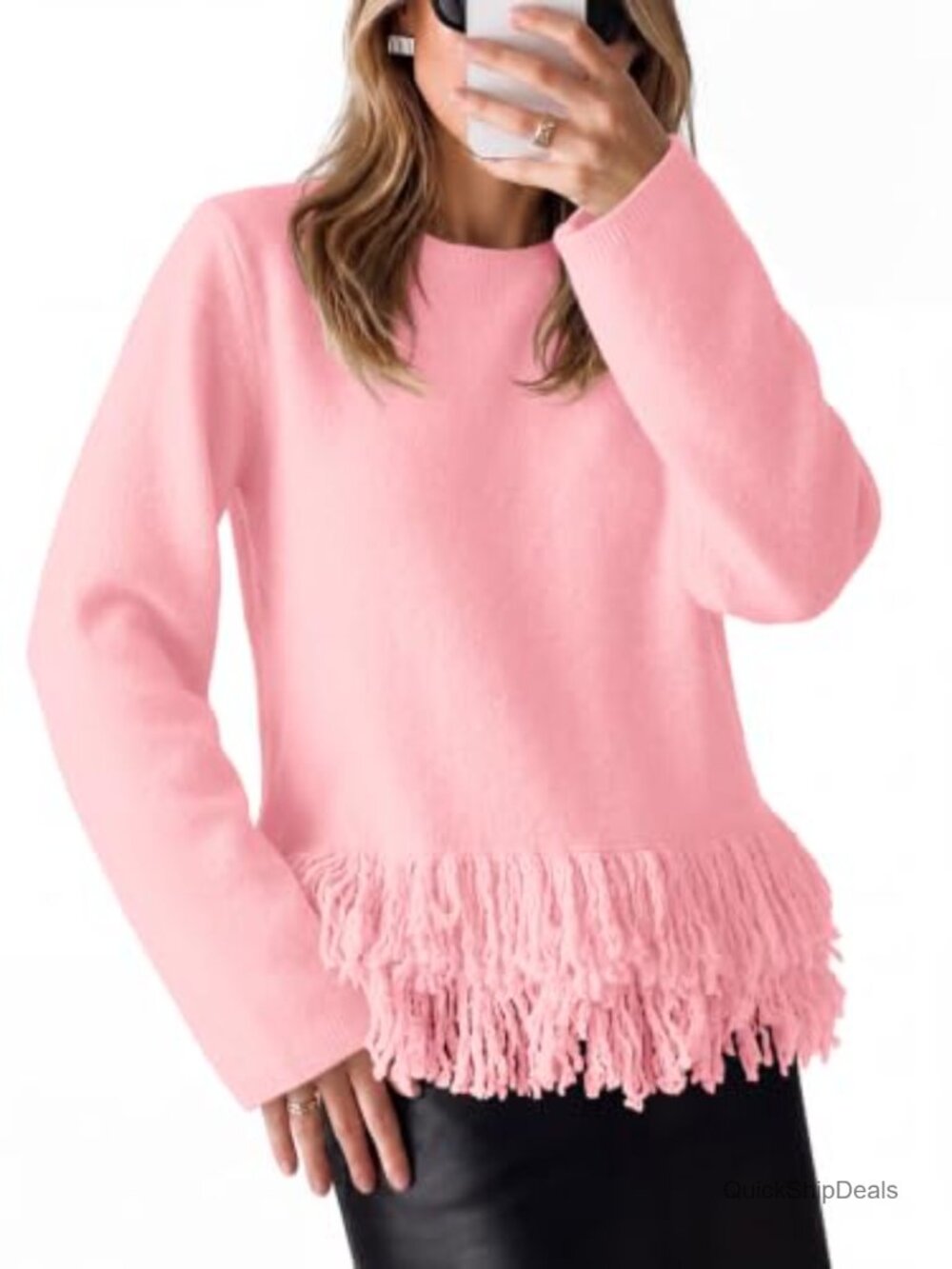 Womens Fringe Sweater Crew Neck Boho Pullover Knit Long Sleeve Top